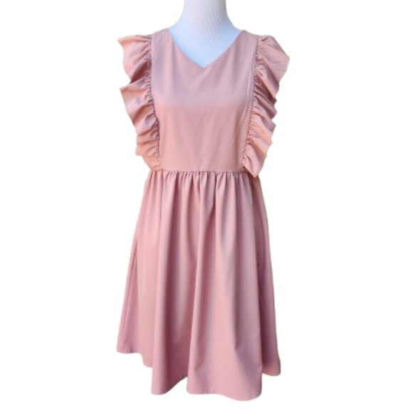 SHEIN Pink V-Neck Dress Ruffle Trim Solid Side Zip Sleeveless - Picture 1 of 13